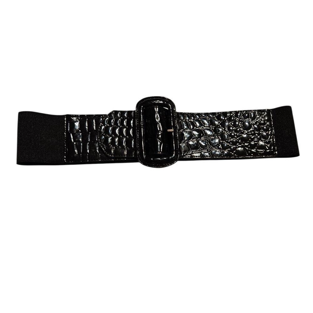 Black Croc Embossed Belt Wide Elastic Band Waist 29"-38"